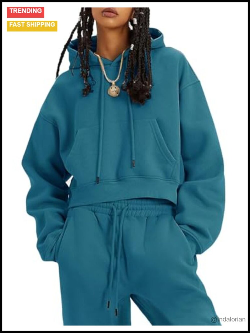 Fleece 2 Piece Sweatsuit Crop Hoodie Jogger Set Women